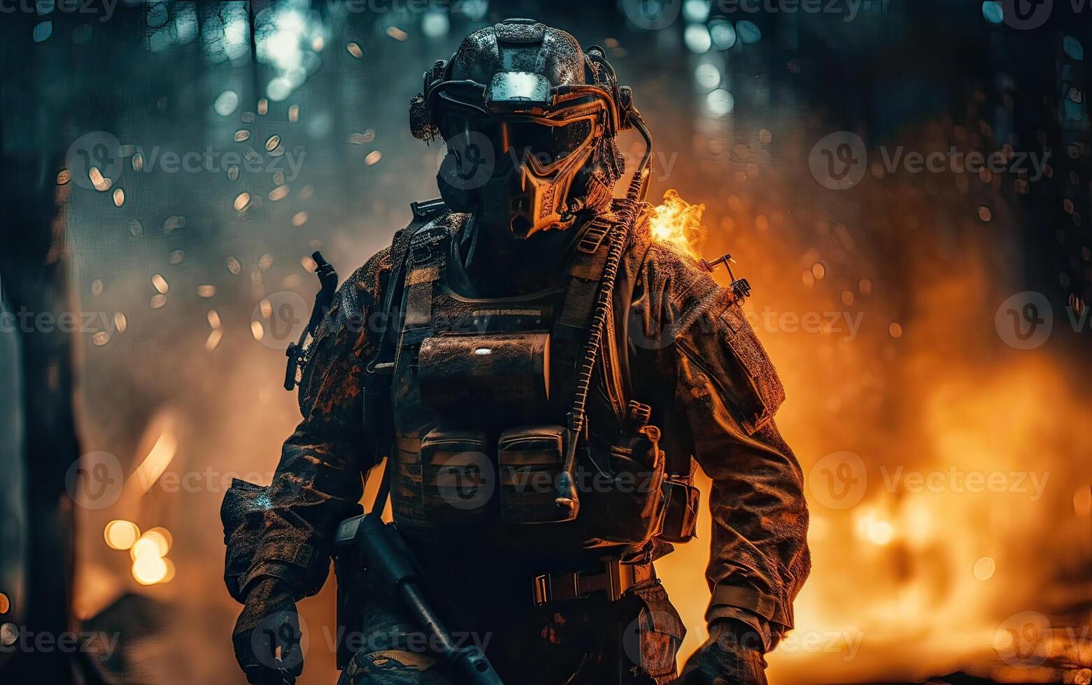 Professional soldier dressed in protective uniform against fire. soldier in uniform of special forces in a dangerous military action in a dangerous enemy area. Non-existent person. . photo