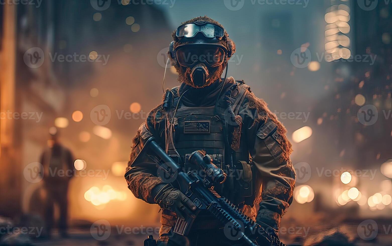 Professional soldier dressed in protective uniform against fire. soldier in uniform of special forces in a dangerous military action in a dangerous enemy area. Non-existent person. . photo