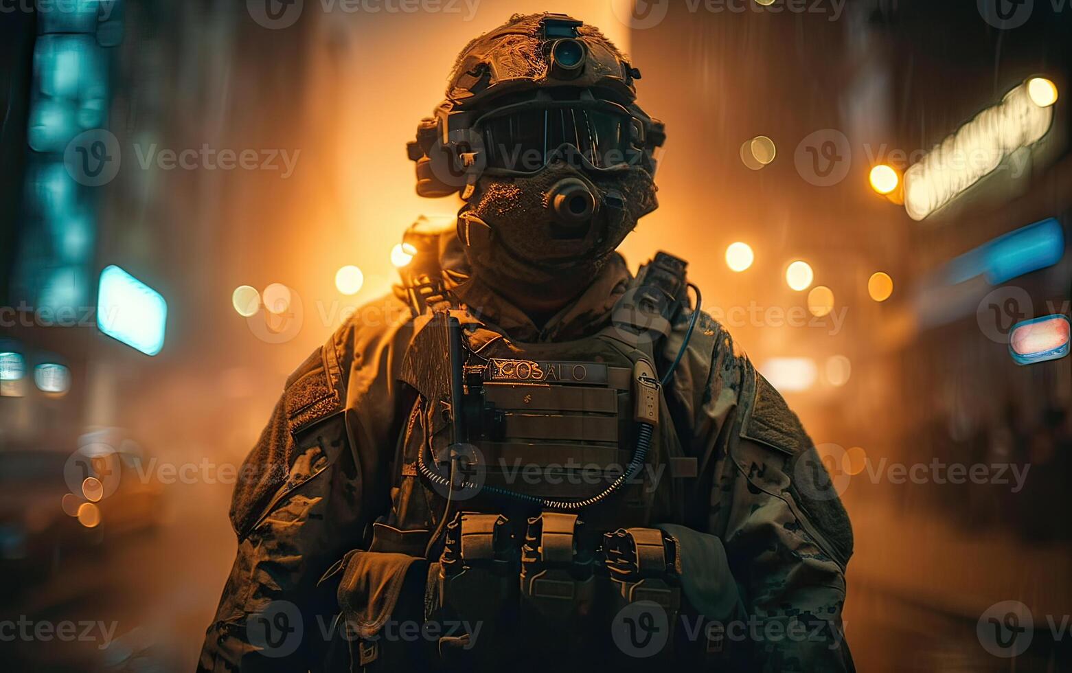 Professional soldier dressed in protective uniform against fire. soldier in uniform of special forces in a dangerous military action in a dangerous enemy area. Non-existent person. . photo