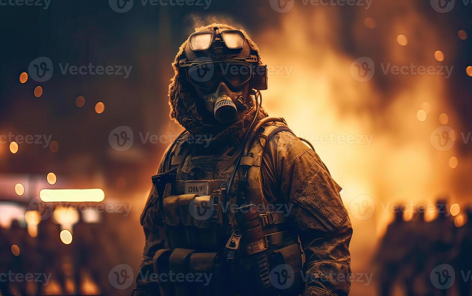 profesional soldado vestido en protector uniforme en contra fuego. soldado en uniforme de especial efectivo en un peligroso militar acción en un peligroso enemigo área. inexistente persona. generativo ai. foto