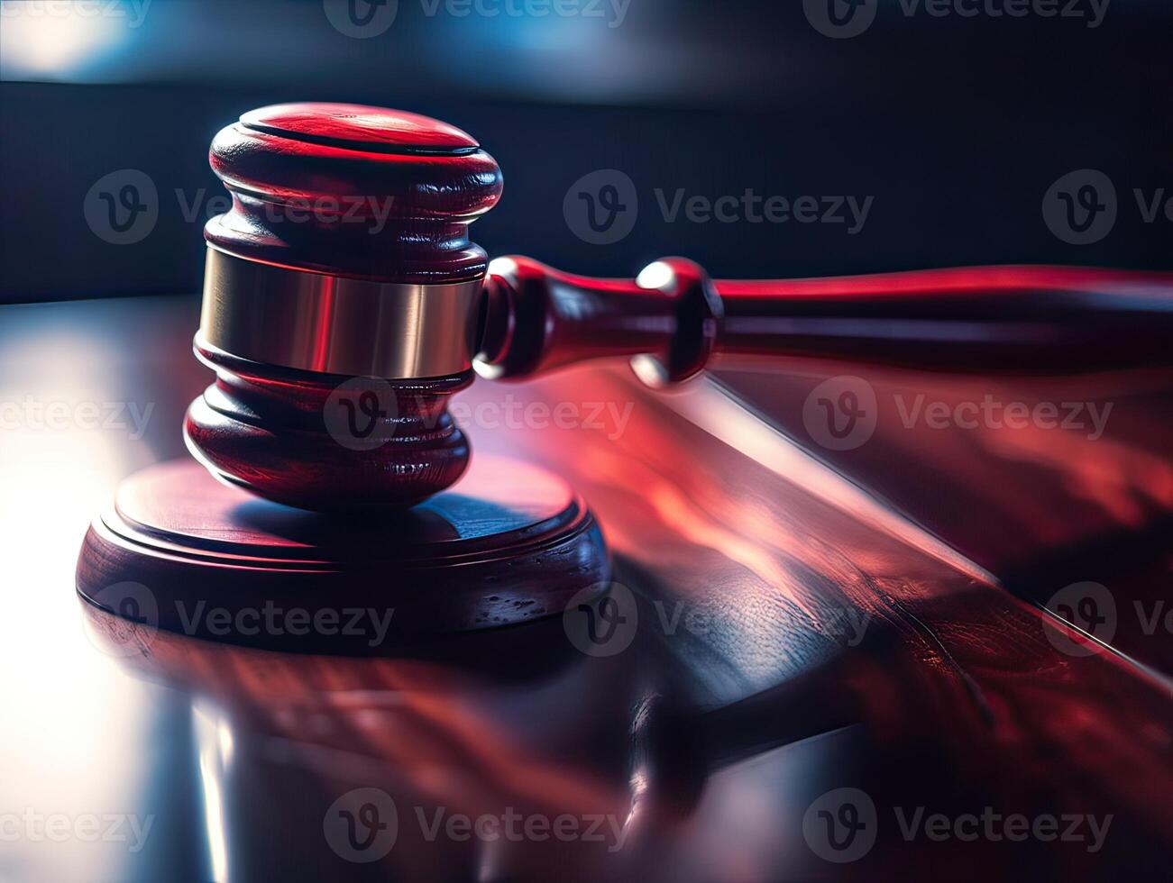 Wooden judge gavel, close-up view. Judges gavel on wooden desk. Law firm concept. photo