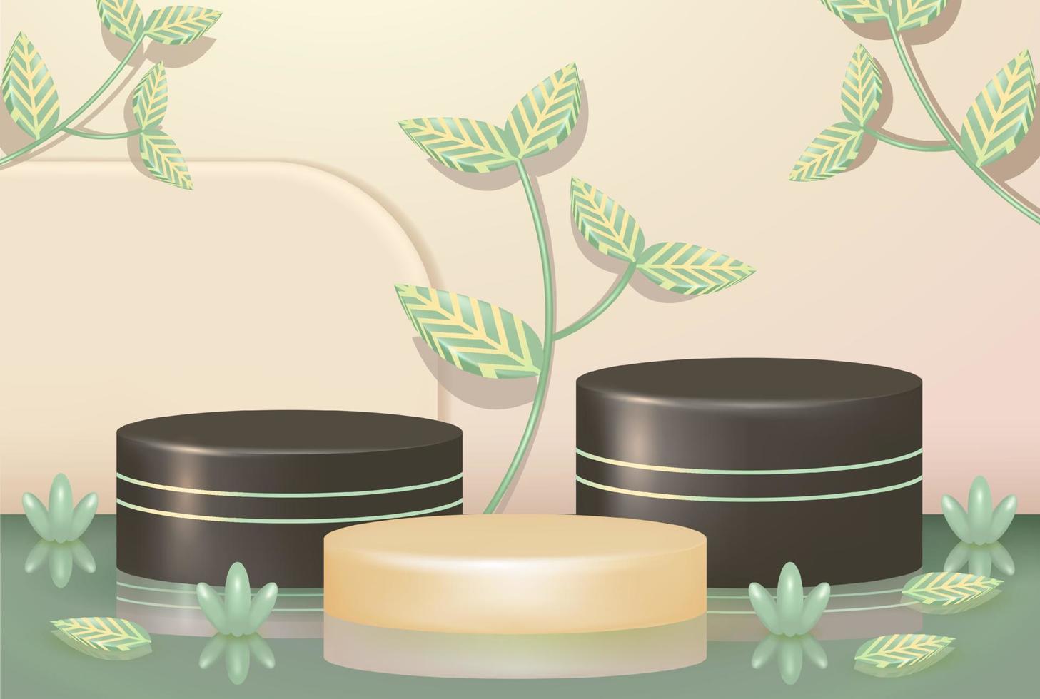 Three podiums on a background of green plants, perfect for cosmetic products vector