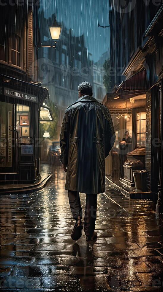 A man was walking alone at night and raining through a dark alleyway in the city. Non-existent person. . photo