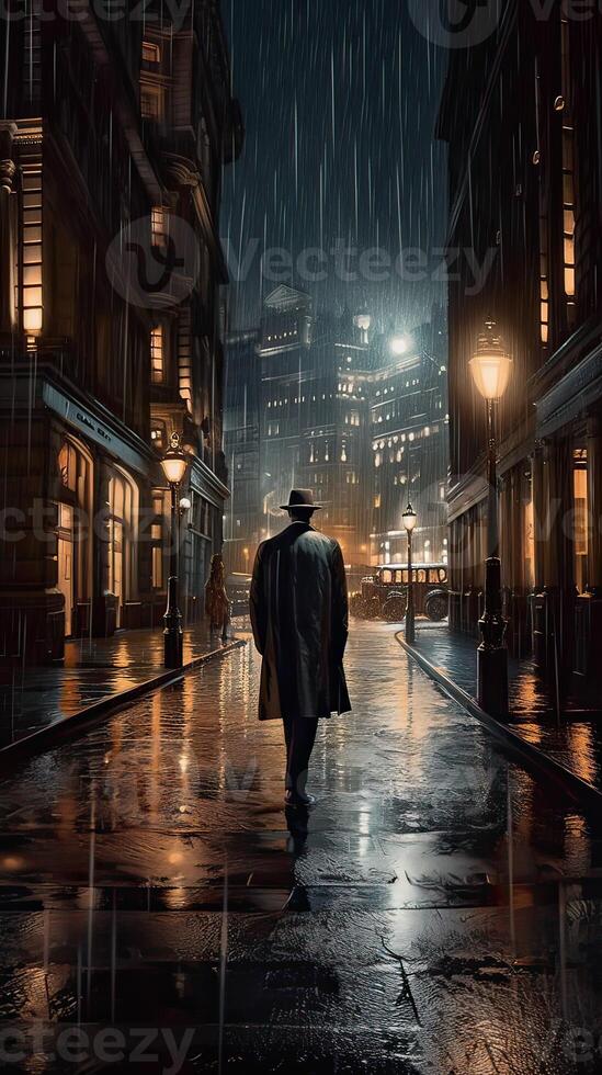 A man was walking alone at night and raining through a dark alleyway in the city. Non-existent person. . photo