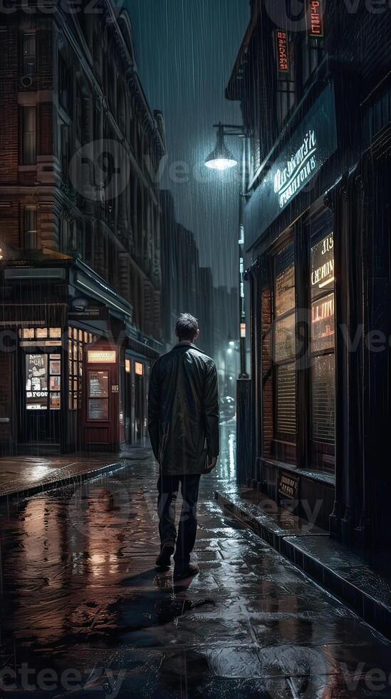 A man was walking alone at night and raining through a dark alleyway in the city. Non-existent person. . photo
