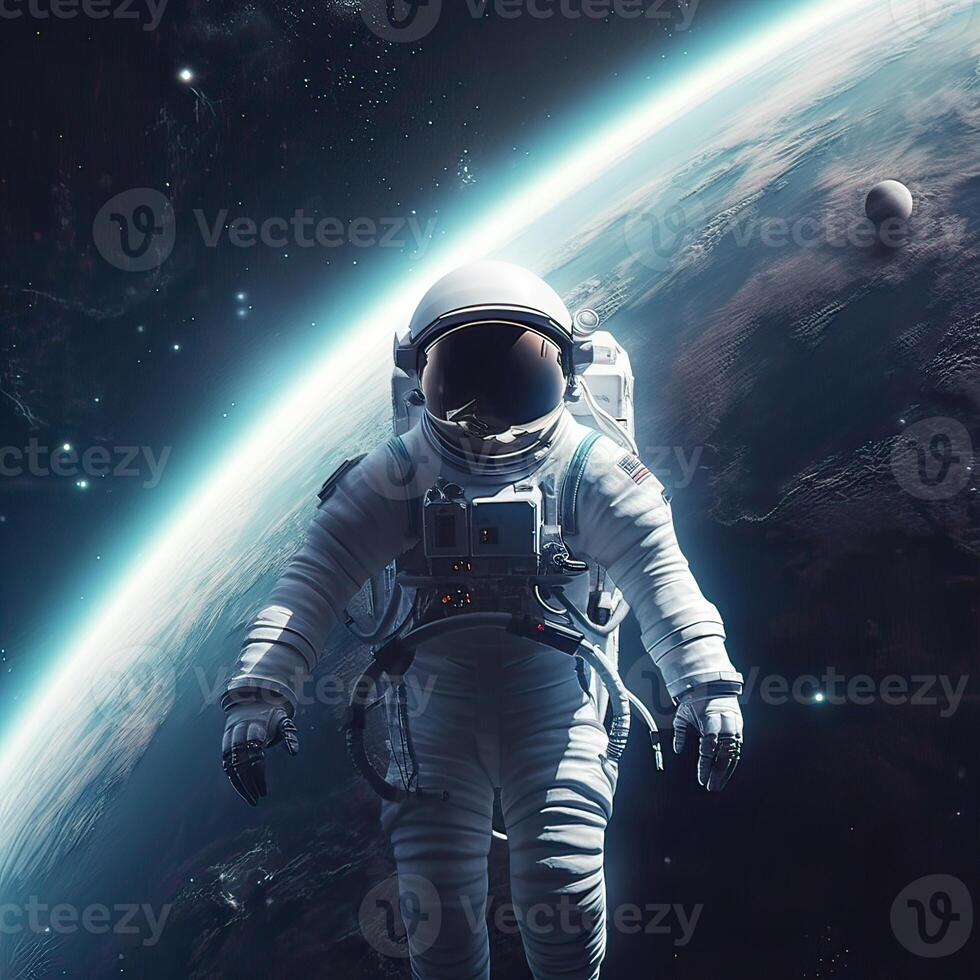 Astronaut in dark deep space. Shadow of night and lights on planet. Earth and spaceman. Sun light on background. Non-existent person. . photo