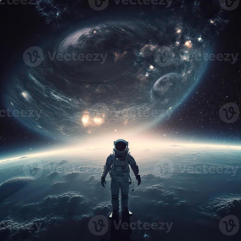 Astronaut in dark deep space. Shadow of night and lights on planet. Earth and spaceman. Sun light on background. Non-existent person. . photo