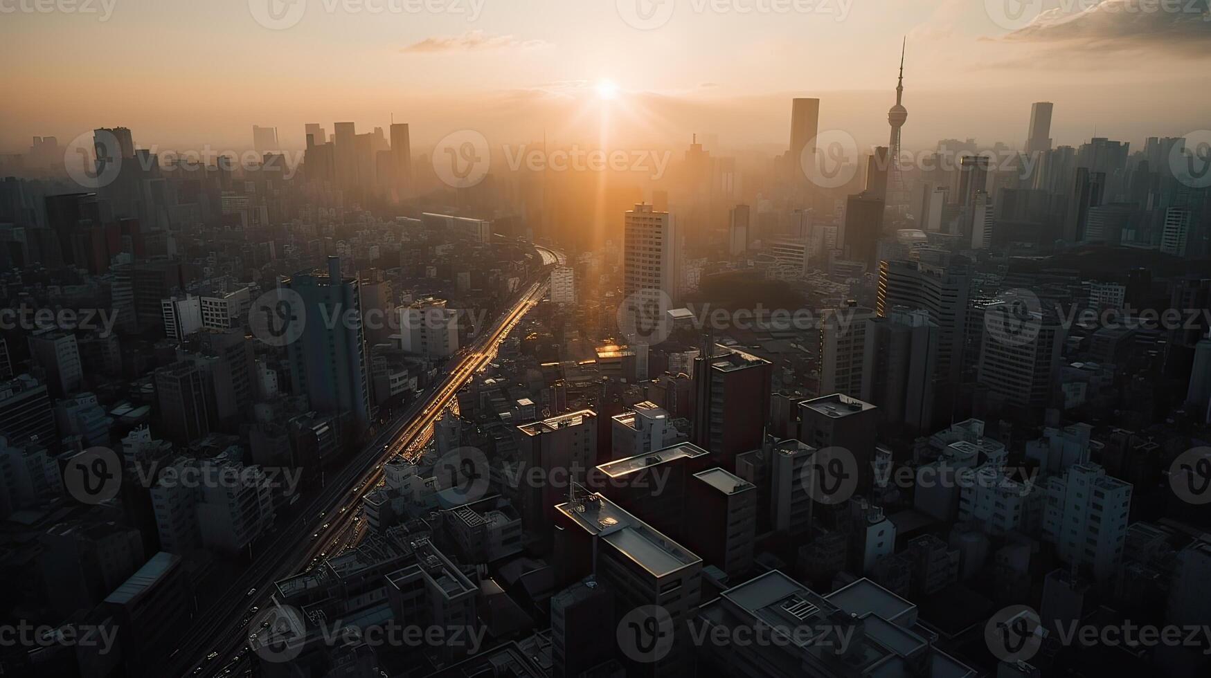 A beautiful and dramatic panoramic photograph of the city skyline, taken on a golden evening after sunset. . photo