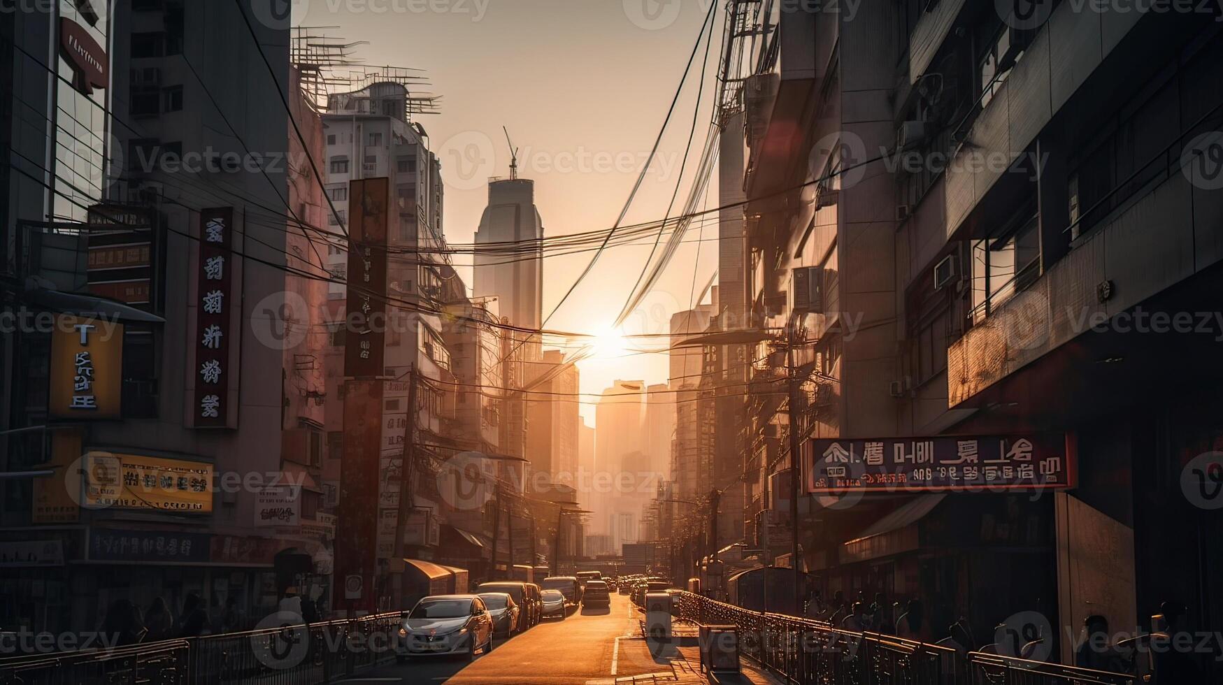 A beautiful and dramatic panoramic photograph of the city skyline, taken on a golden evening after sunset. . photo