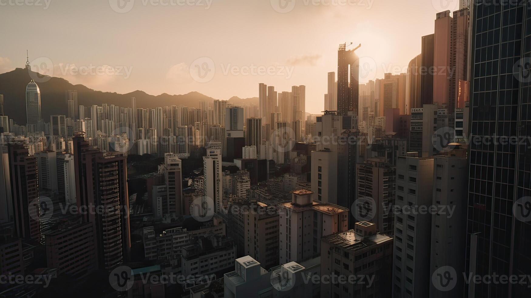 A beautiful and dramatic panoramic photograph of the city skyline, taken on a golden evening after sunset. . photo