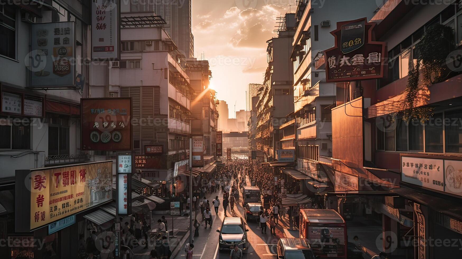 A beautiful and dramatic panoramic photograph of the city skyline, taken on a golden evening after sunset. . photo