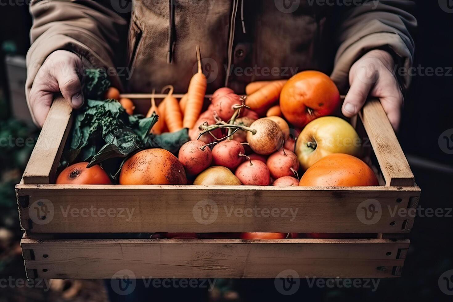 cesta con vegetales repollo, zanahorias, pepinos, rábano y pimientos en el manos de un granjero antecedentes de naturaleza concepto de biológico, bio productos generativo ai. foto