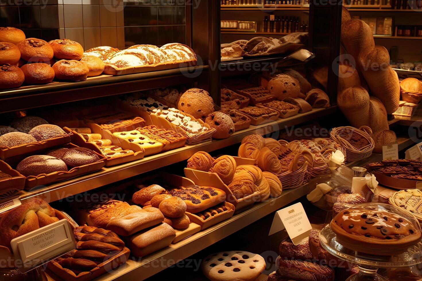 bakery interior with display counters full of scrumptious bread and pastries. Shop a patisserie or bakery with croissants, apple pies, waffles, and churros. Freshly baked pastries. photo