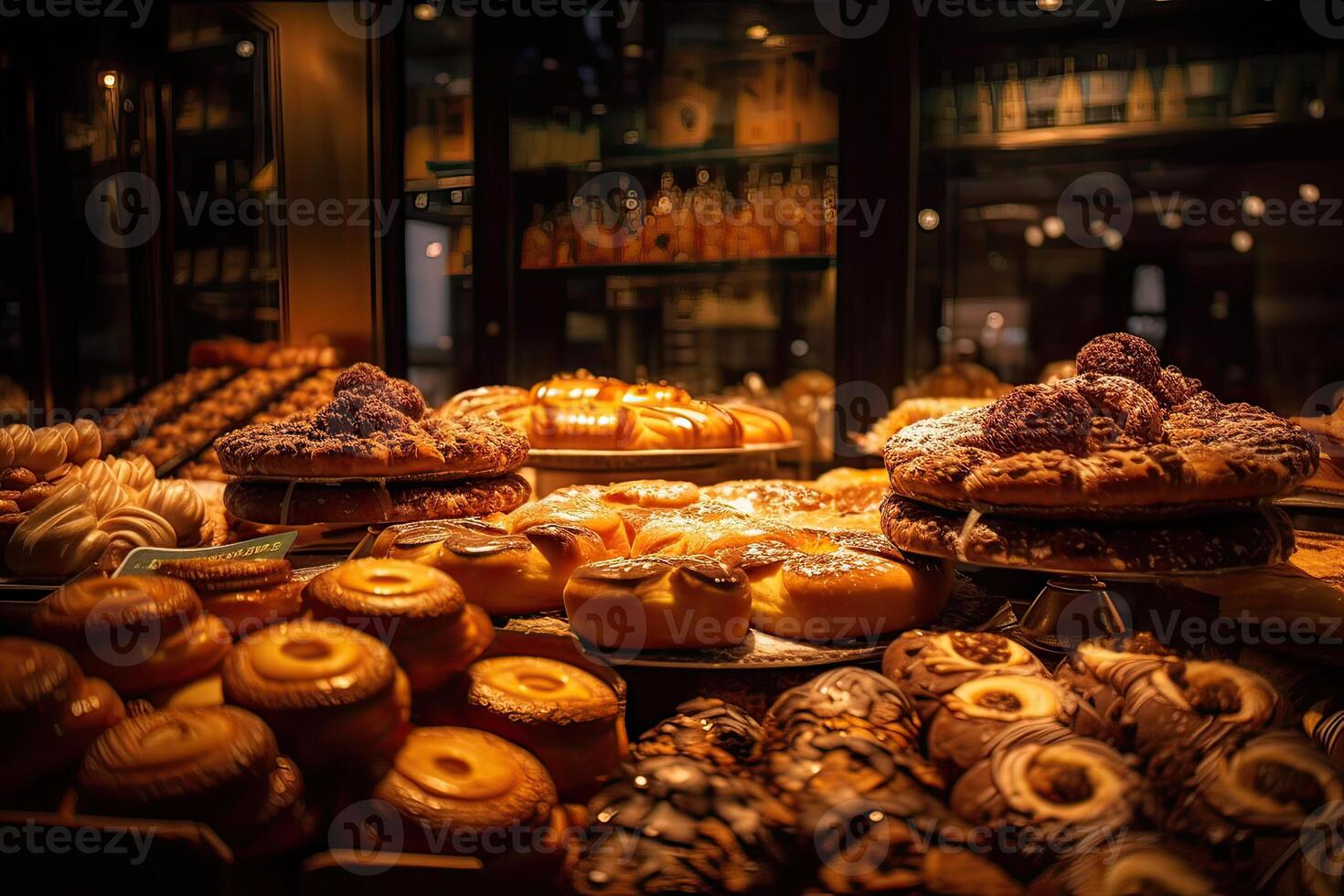 bakery interior with display counters full of scrumptious bread and pastries. Shop a patisserie or bakery with croissants, apple pies, waffles, and churros. Freshly baked pastries. photo