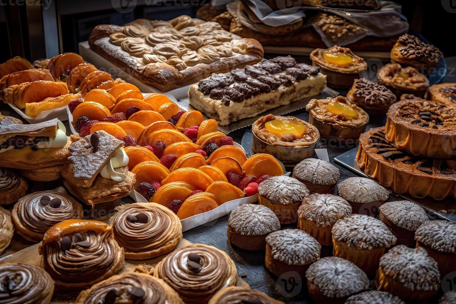 bakery interior with display counters full of scrumptious bread and pastries. Shop a patisserie or bakery with croissants, apple pies, waffles, and churros. Freshly baked pastries. photo