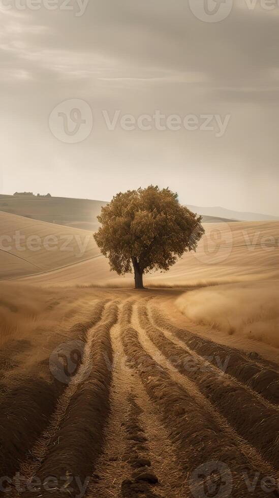 ilustración Arte de paisaje, árbol en prado a amanecer con Dom y niebla.resumen surrealista ilustración. generativo ai. foto