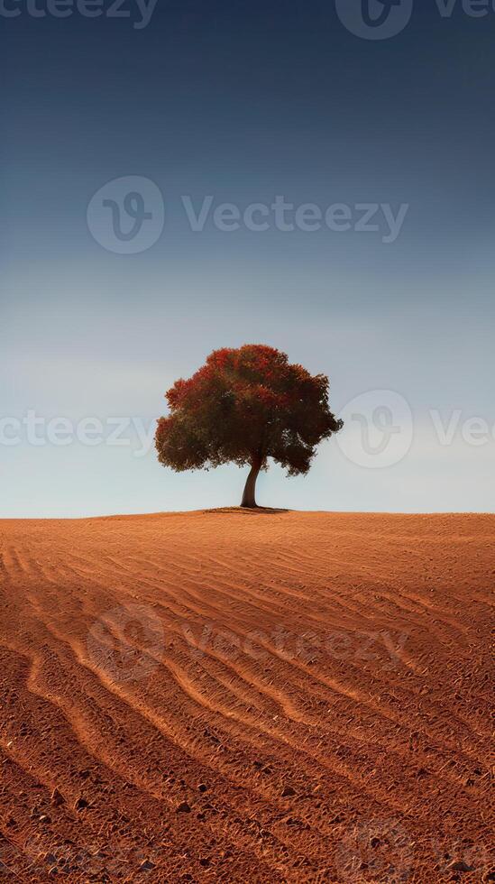 illustration art of Landscape, tree on meadow at sunrise with sun and mist.Abstract surreal illustration. . photo