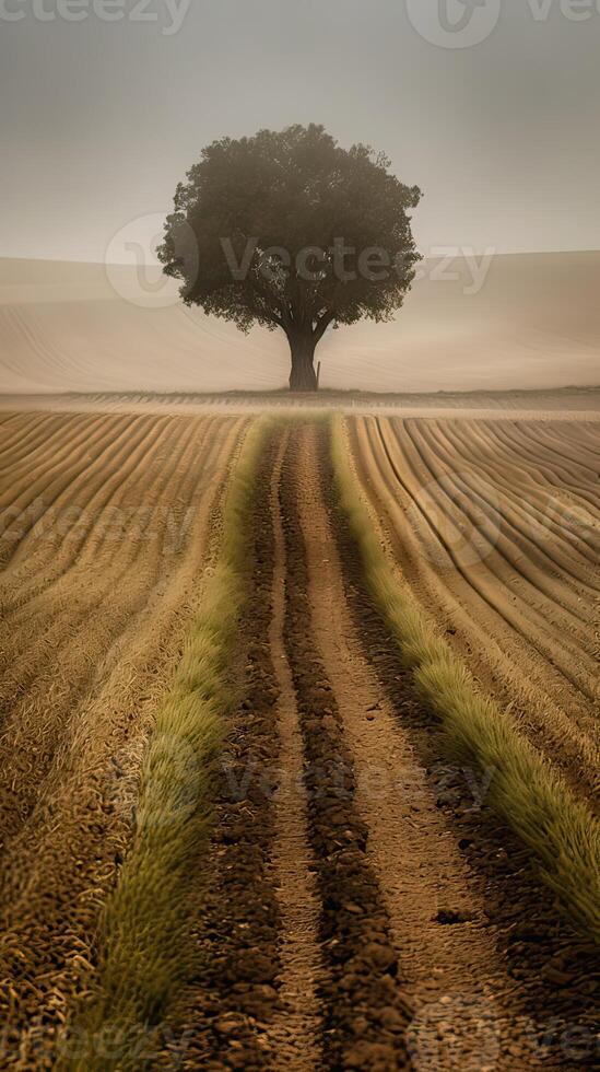 illustration art of Landscape, tree on meadow at sunrise with sun and mist.Abstract surreal illustration. . photo