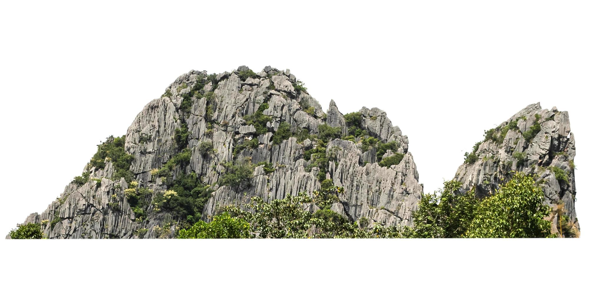 colina de montaña rocosa con bosque verde aislado sobre fondo blanco foto