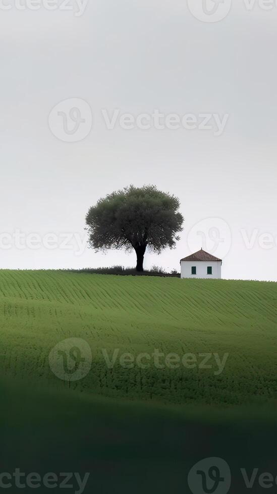 3D illustration home under the tree at filed. Abstract surreal illustration. . photo