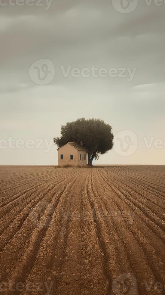 3D illustration home under the tree at filed. Abstract surreal illustration. . photo