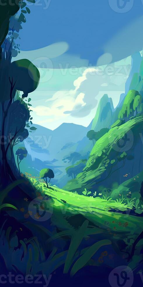 illustration of Flat summer cartoon landscape. Fields with trees and mountains in the background. . photo