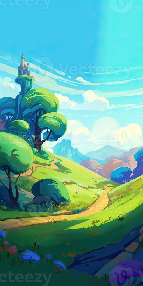 illustration of Flat summer cartoon landscape. Fields with trees and mountains in the background. . photo