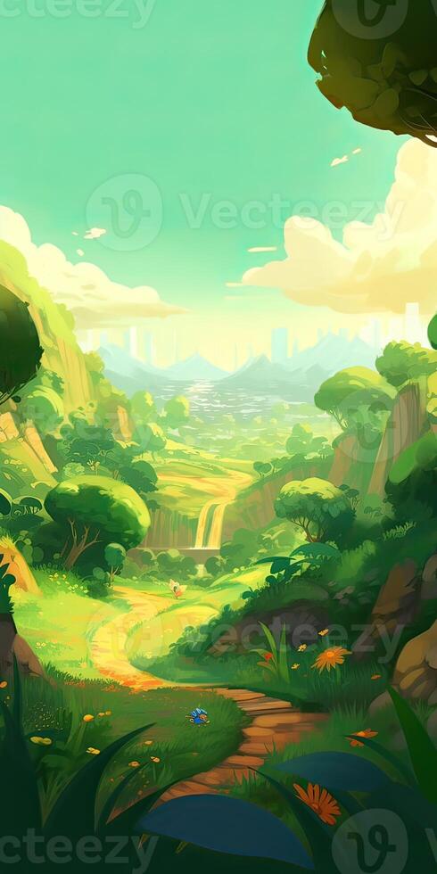 illustration of Flat summer cartoon landscape. Fields with trees and mountains in the background. . photo