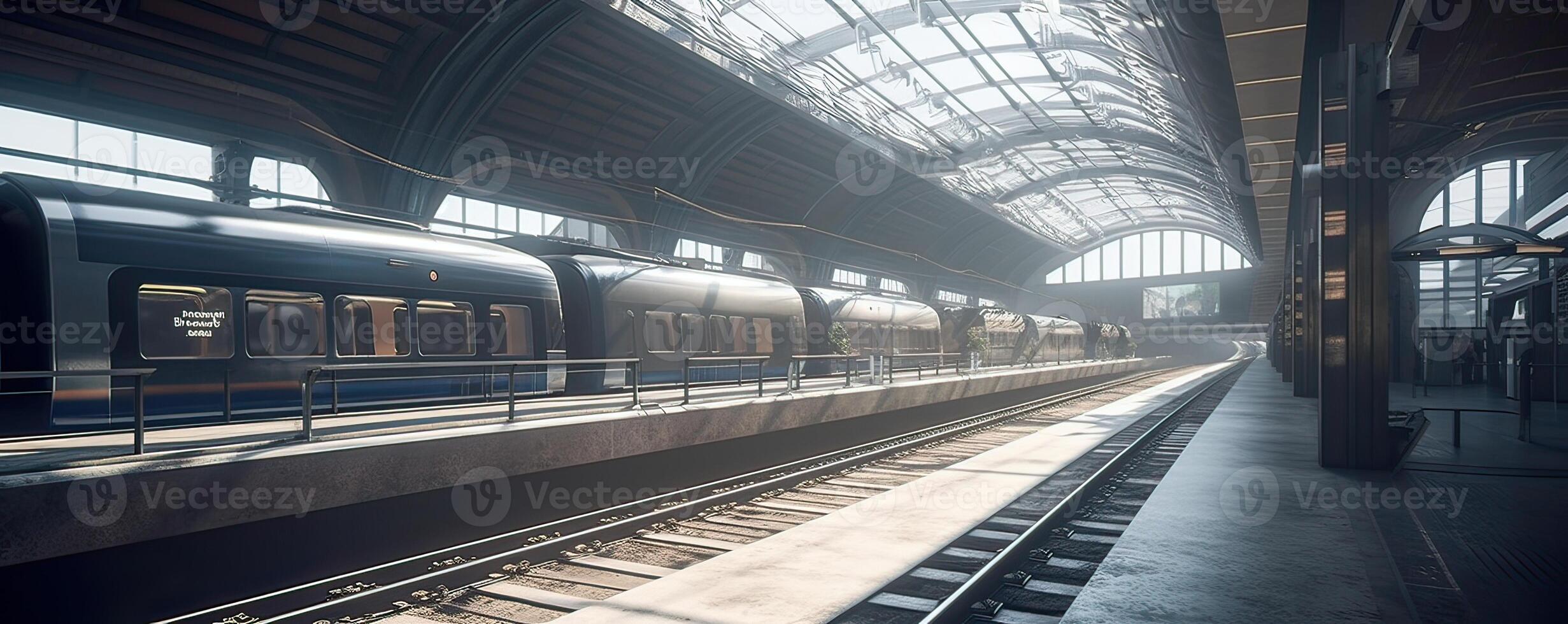 Futuristic train Transport infrastructure panorama, people waiting for train on railway station, locomotive move, pedestrian bridge, modern city on background, business buildings. . photo