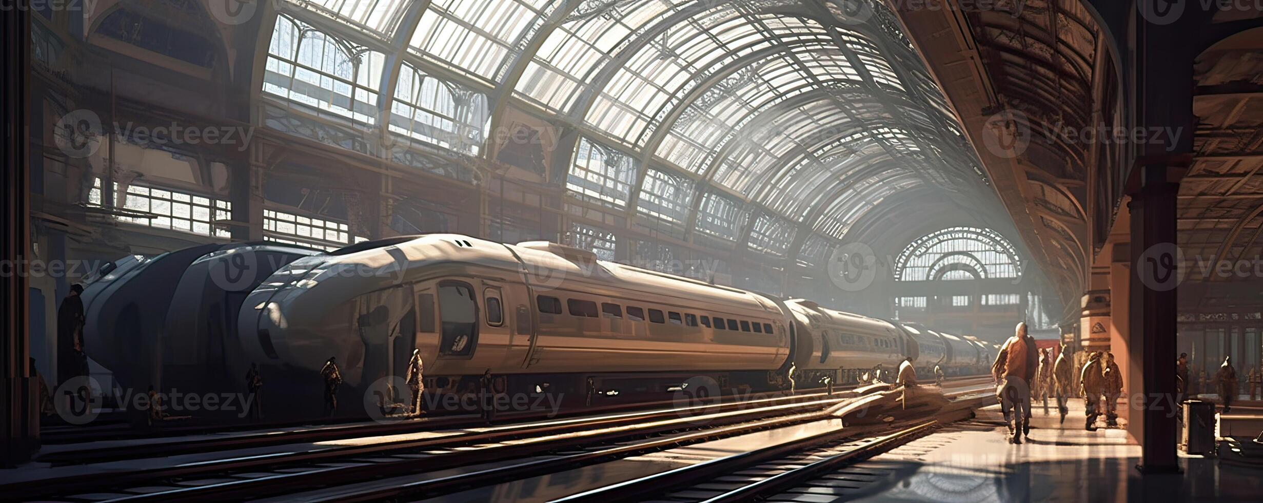 Futuristic train Transport infrastructure panorama, people waiting for train on railway station, locomotive move, pedestrian bridge, modern city on background, business buildings. . photo