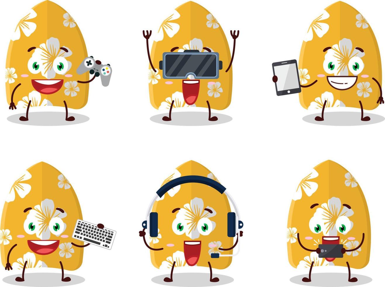 Surfing board cartoon character are playing games with various cute emoticons vector
