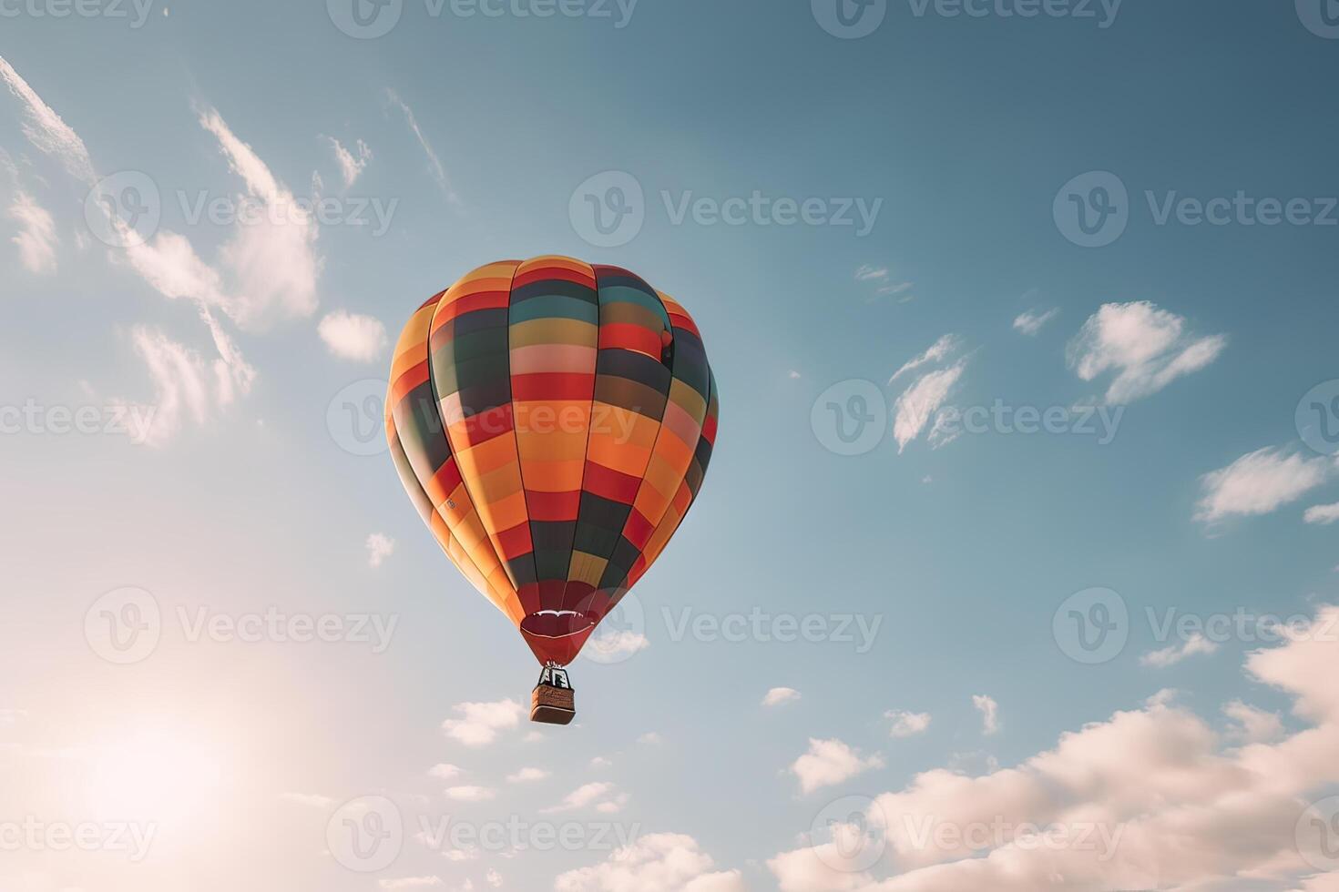 vistoso caliente aire globo volador en cielo a puesta de sol. viaje y aire transporte concepto. generativo ai. foto