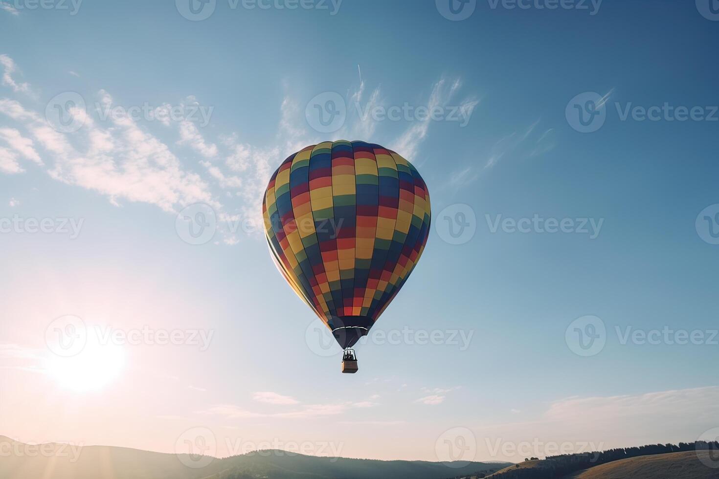 vistoso caliente aire globo volador en cielo a puesta de sol. viaje y aire transporte concepto. generativo ai. foto