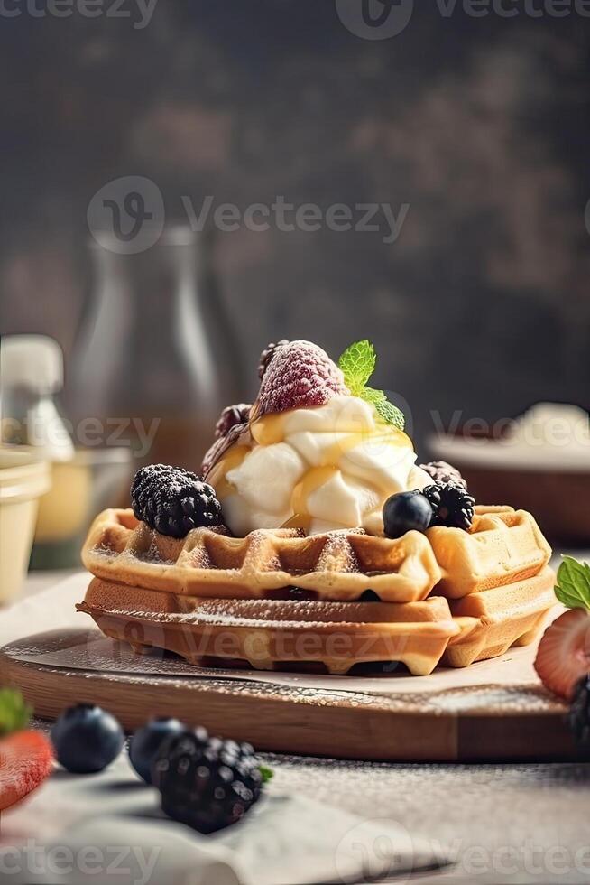 ice cream with waffles, caramel syrup on a white dish. Fresh waffles with ice cream and maple syrup on a wooden. . photo
