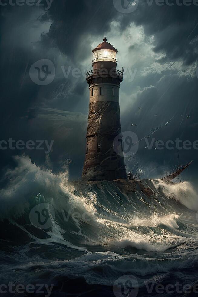 ilustración de faro en un lluvia y tormenta lleno y gigante olas estrellarse faro por la noche con un haz de ligero brillante fuera a mar. generativo ai. foto