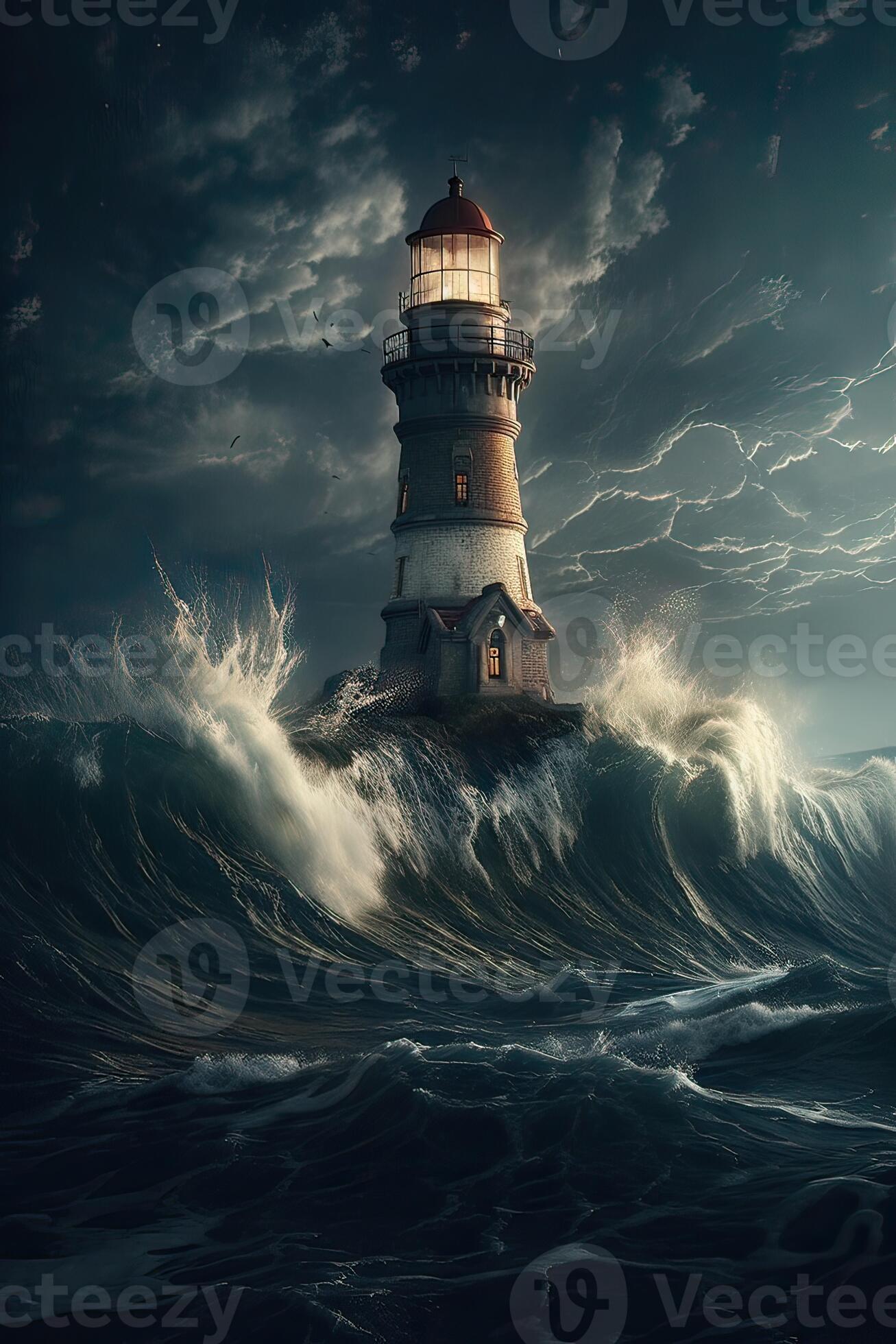 Illustration Of Lighthouse On A Rain And Storm Filled And, 49% OFF
