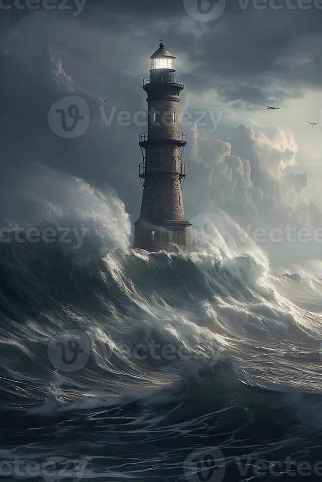 illustration of lighthouse on a rain and storm filled and giant waves crashing lighthouse atnight with a beam of light shining out to sea. . photo