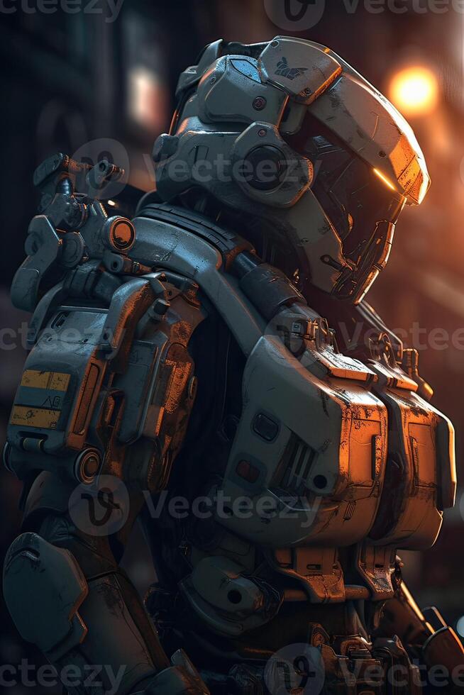 Close up A robot from the future. cyborg futuristic holographic technology. Portrait of a cyborg robot. The concept for Artificial Intelligence. photo
