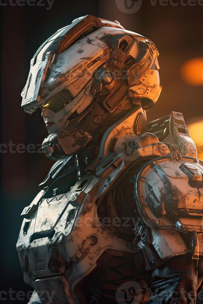 Close up A robot from the future. cyborg futuristic holographic technology. Portrait of a cyborg robot. The concept for Artificial Intelligence. photo