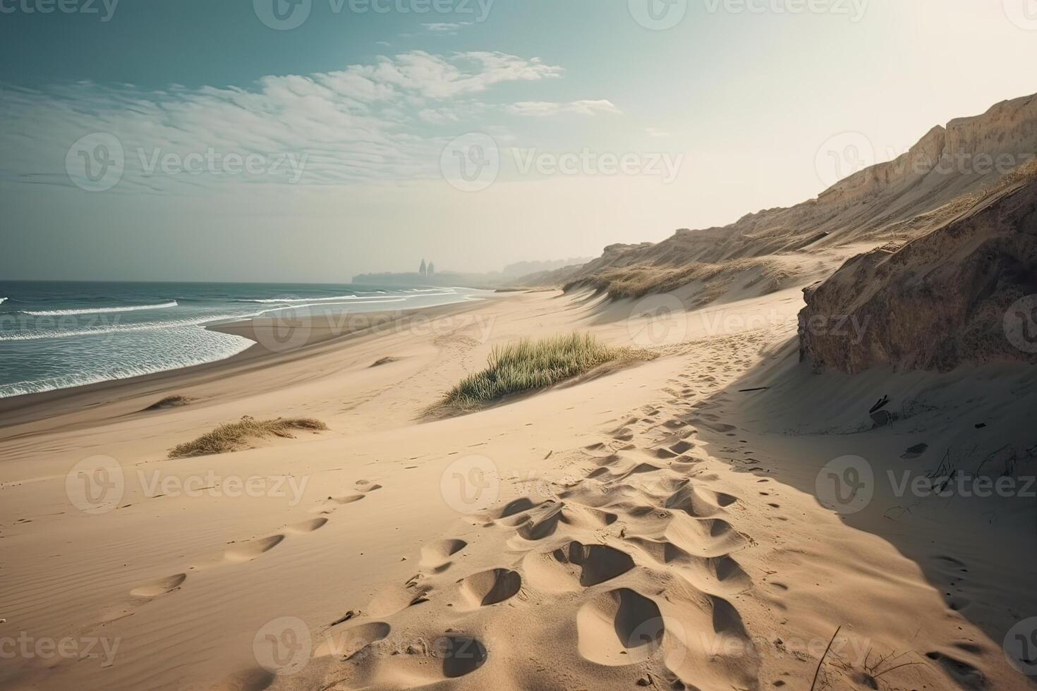 increíble playa con interminable horizonte y huellas en el arena. generativo ai. foto