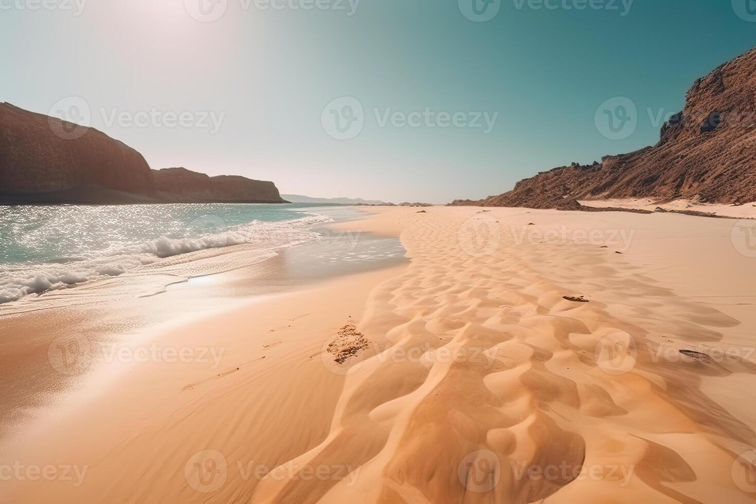 Amazing beach with endless horizon and traces on the sand. . photo