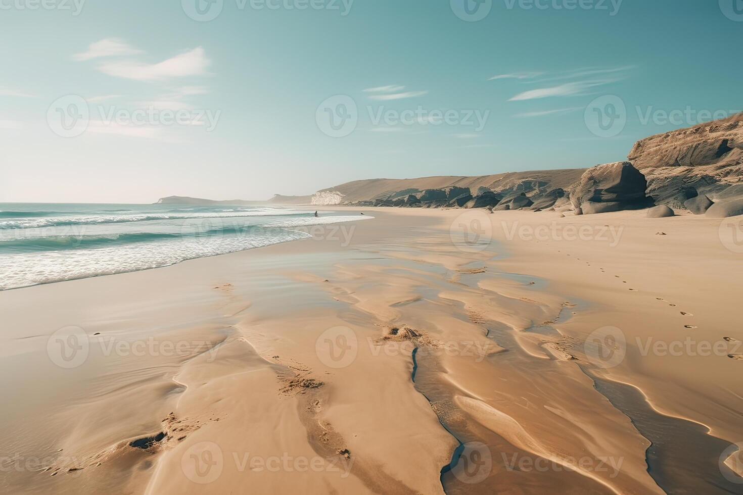 increíble playa con interminable horizonte y huellas en el arena. generativo ai. foto