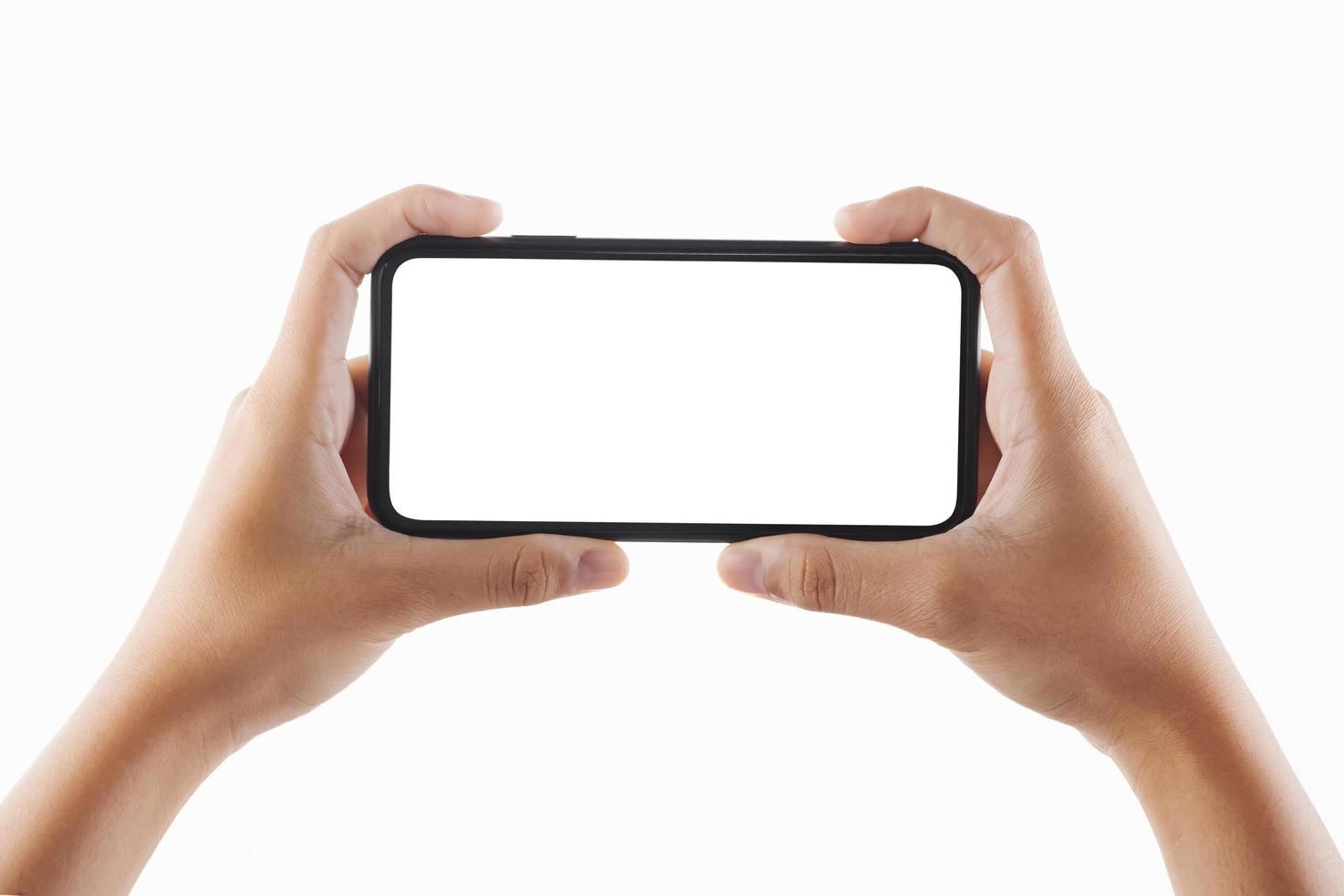 closeup hand woman holding black smartphone blank screen isolate on white background photo