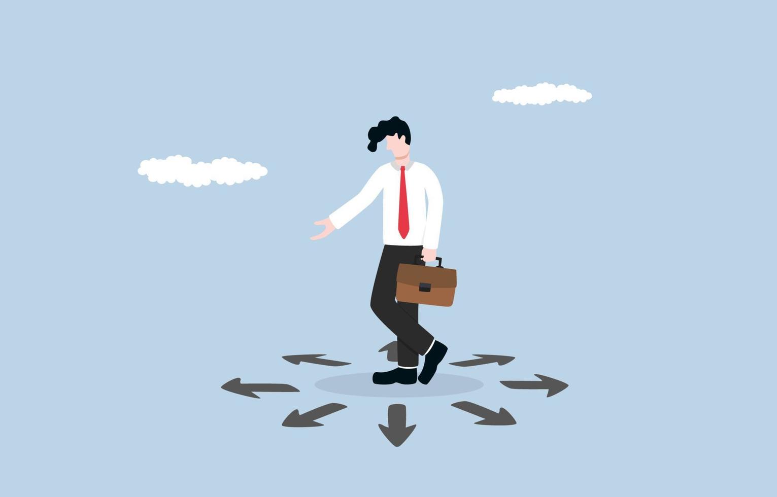 Choosing the right business direction, finding solution to solve problem, confusion, hesitation and uncertainty concept, Businessman standing among many arrows with different directions. vector