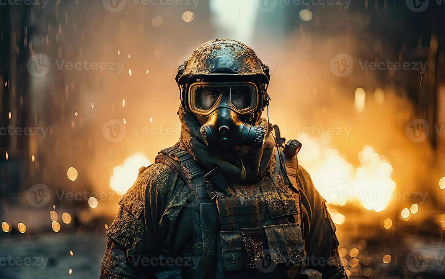 Professional soldier dressed in protective uniform against fire. soldier in uniform of special forces in a dangerous military action in a dangerous enemy area. Non-existent person. . photo