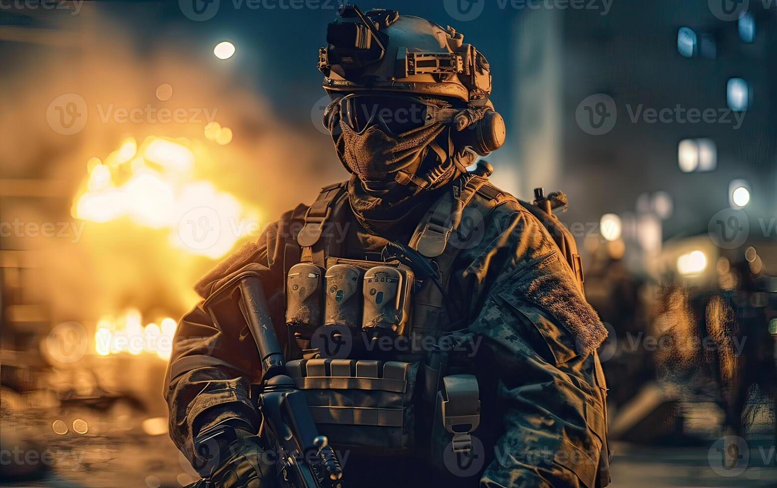 Professional soldier dressed in protective uniform against fire. soldier in uniform of special forces in a dangerous military action in a dangerous enemy area. Non-existent person. . photo