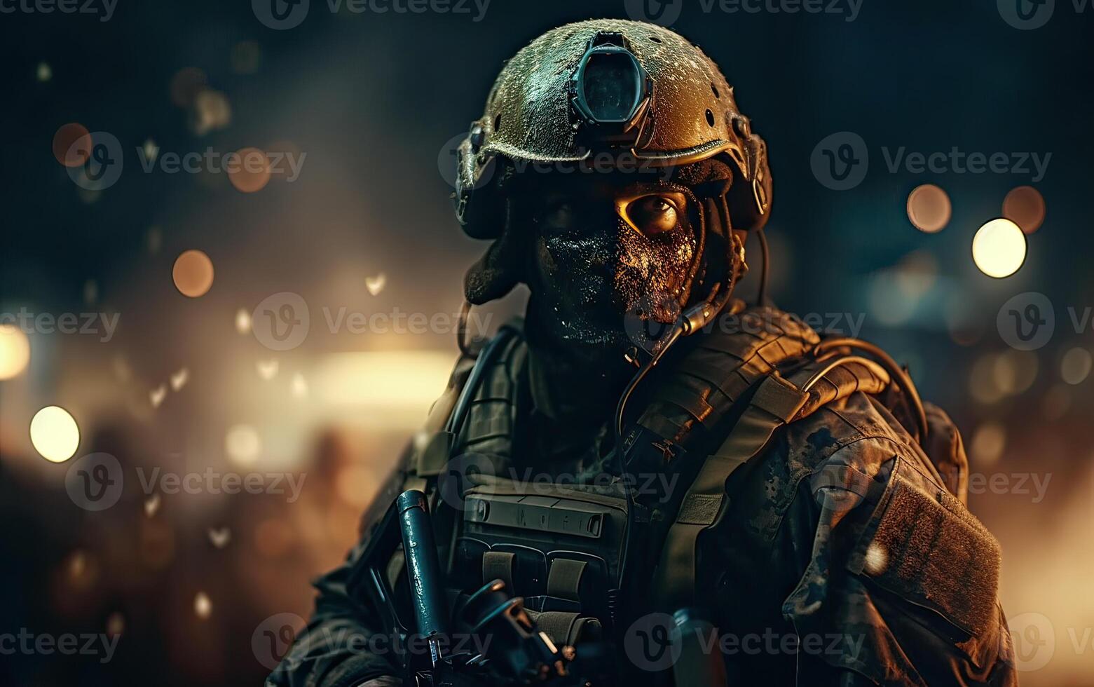 Professional soldier dressed in protective uniform against fire. soldier in uniform of special forces in a dangerous military action in a dangerous enemy area. Non-existent person. . photo