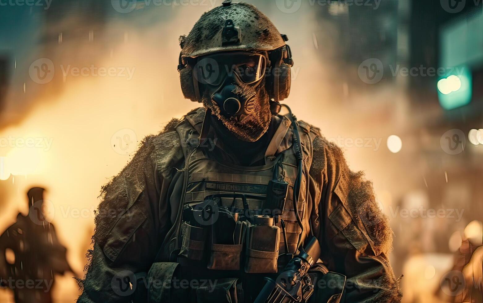 Professional soldier dressed in protective uniform against fire. soldier in uniform of special forces in a dangerous military action in a dangerous enemy area. Non-existent person. . photo