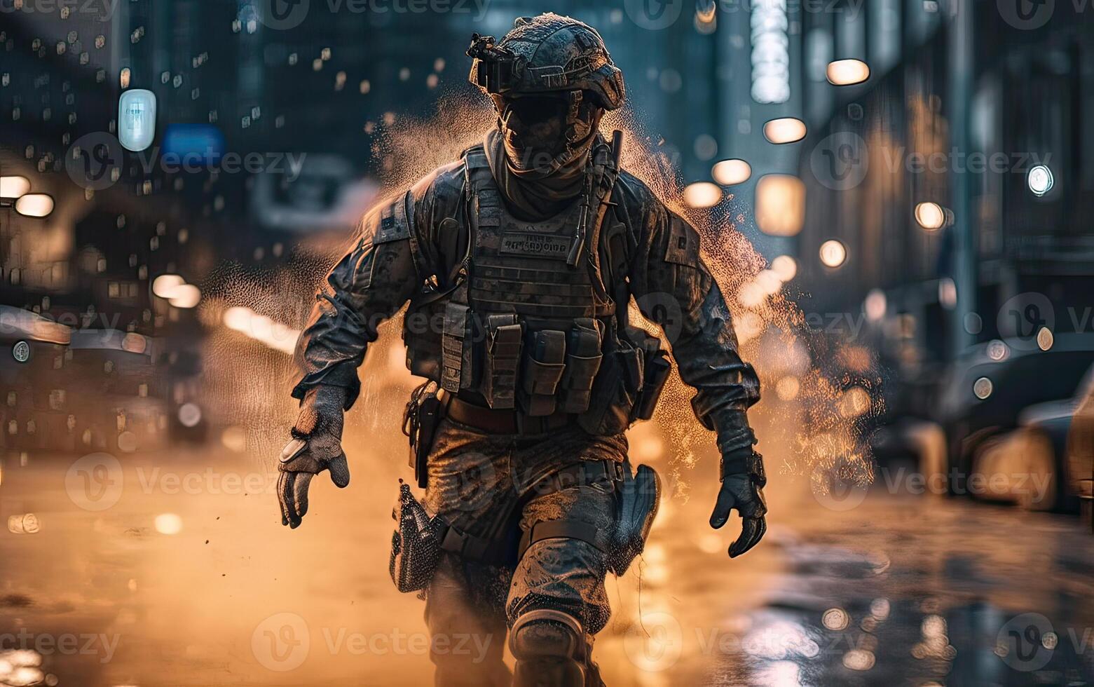 Professional soldier dressed in protective uniform against fire. soldier in uniform of special forces in a dangerous military action in a dangerous enemy area. Non-existent person. . photo