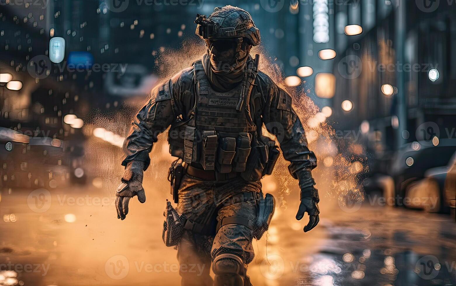 profesional soldado vestido en protector uniforme en contra fuego. soldado en uniforme de especial efectivo en un peligroso militar acción en un peligroso enemigo área. inexistente persona. generativo ai. foto